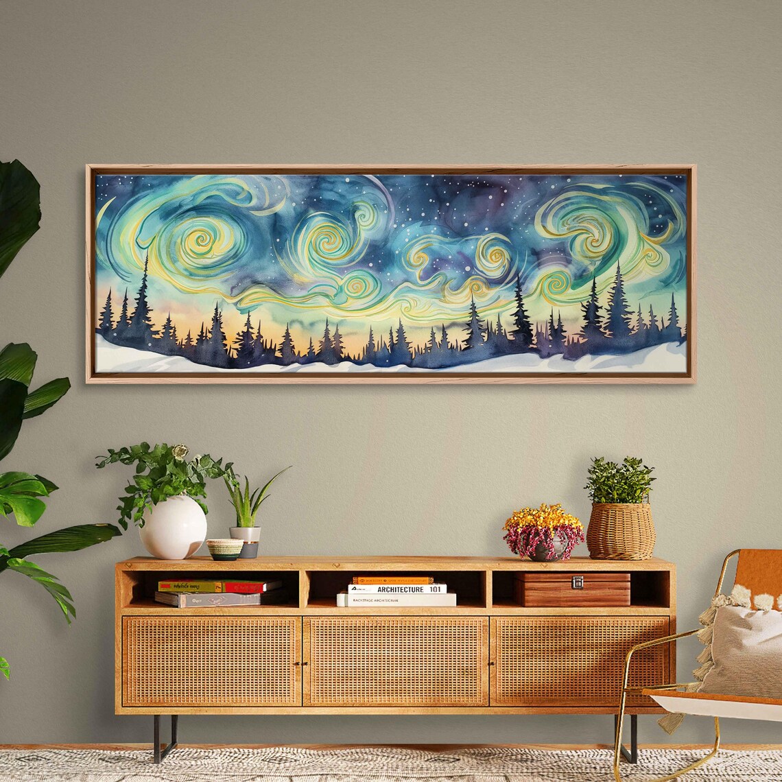Van Gogh Style Starry Night Sky Over Snowy Pine Forest Watercolor Poster