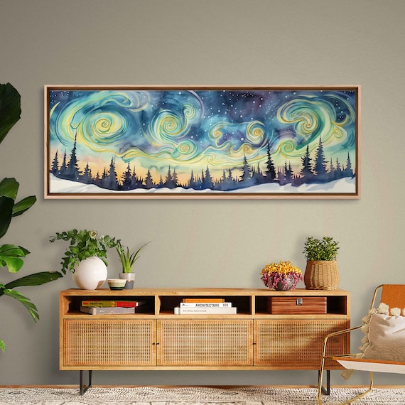 Van Gogh Style Starry Night Sky Over Snowy Pine Forest Watercolor Poster