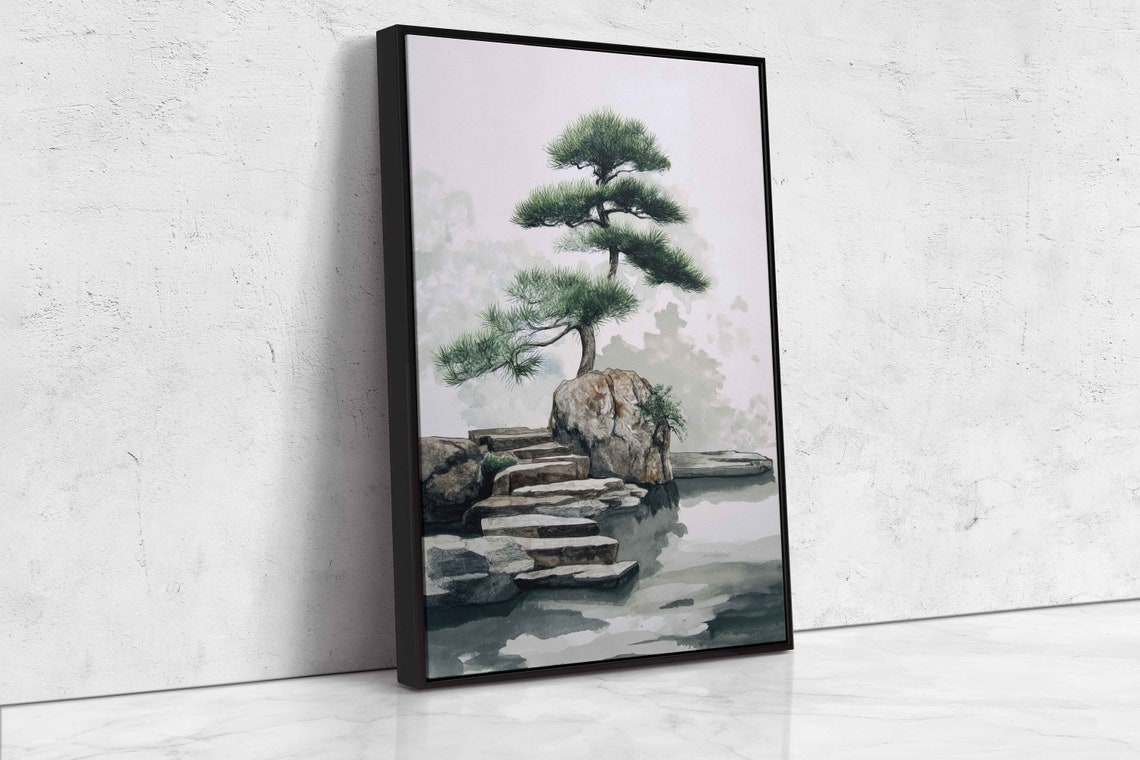 Japanese Pine Tree Rock Stone Steps Still Water Zen Watercolor Print - Image 4