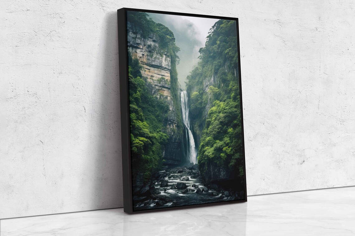 Towering Waterfall Over Rugged Cliffs Wall Art Ready To Hang Cliffside Nature Crashing Water Ready To Hang - Image 4