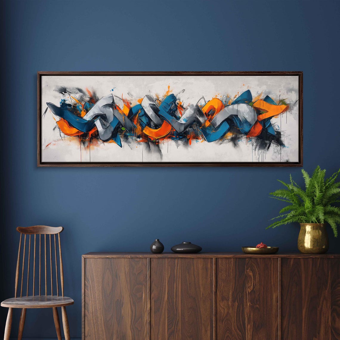Graffiti Abstract Blue Orange Gray Urban Modern Panoramic Art Print - Image 2