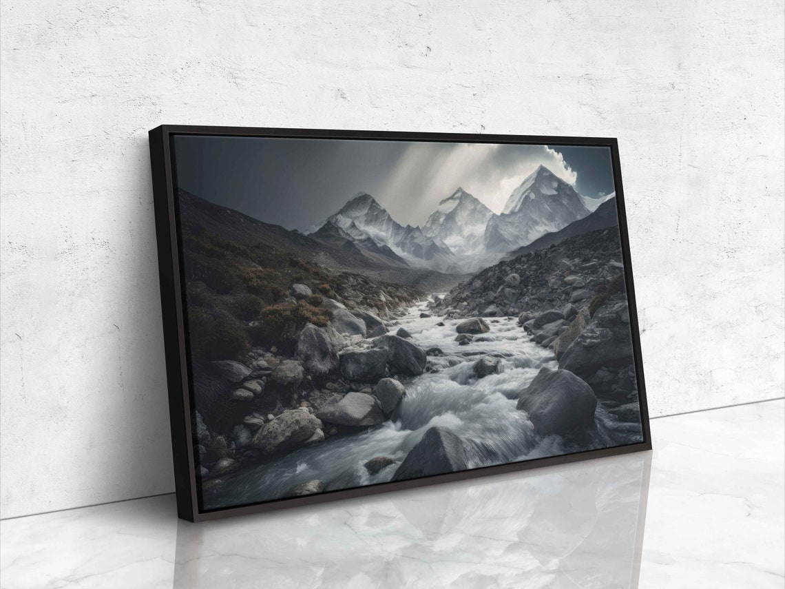 Mountain River Rocks Black And White Dramatic Landscape Photo Print - Image 4