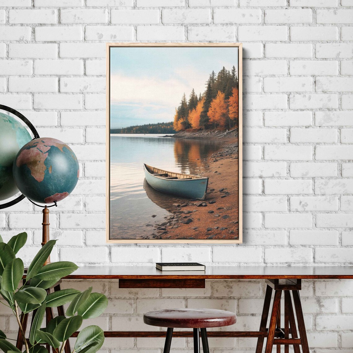Rustic Canoe Peaceful Lakeshore Autumn Forest Reflections Calm Nature Poster - Image 2