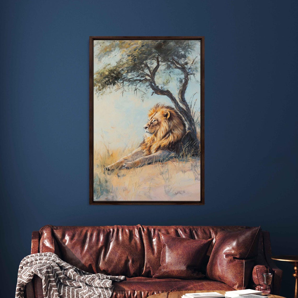 Serene Lion Resting Under Tree Pastel Tones Soft Oil Painting Poster - Image 3