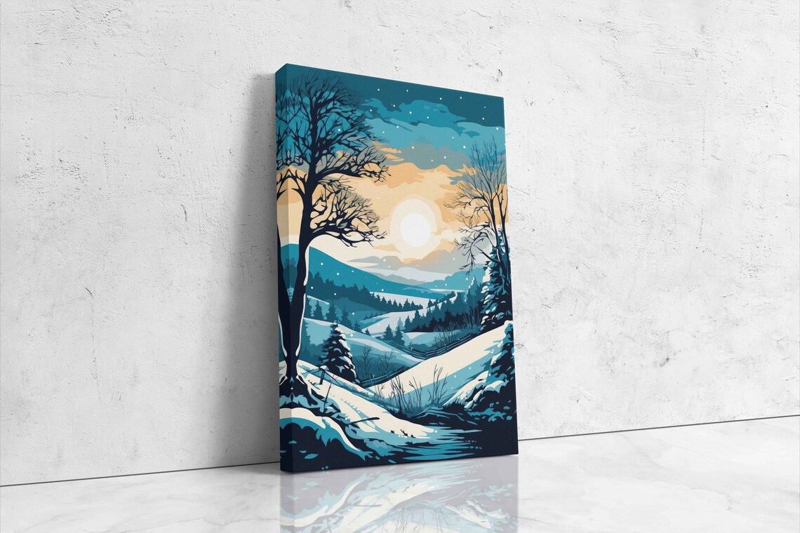 Winter Sunrise Snowy Hills Blue Pop Art Landscape Travel Poster - Image 4