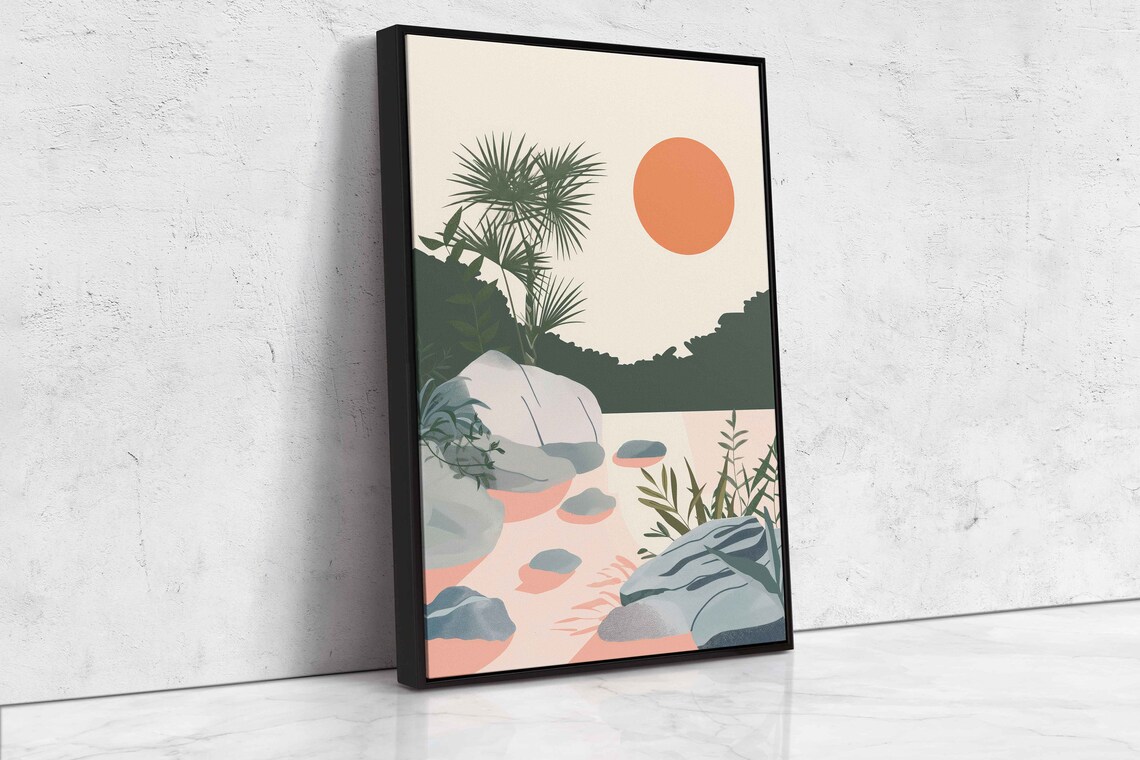 Zen Garden Flowing Stream Smooth Rocks Palm Silhouettes Warm Sun Wall Art - Image 4