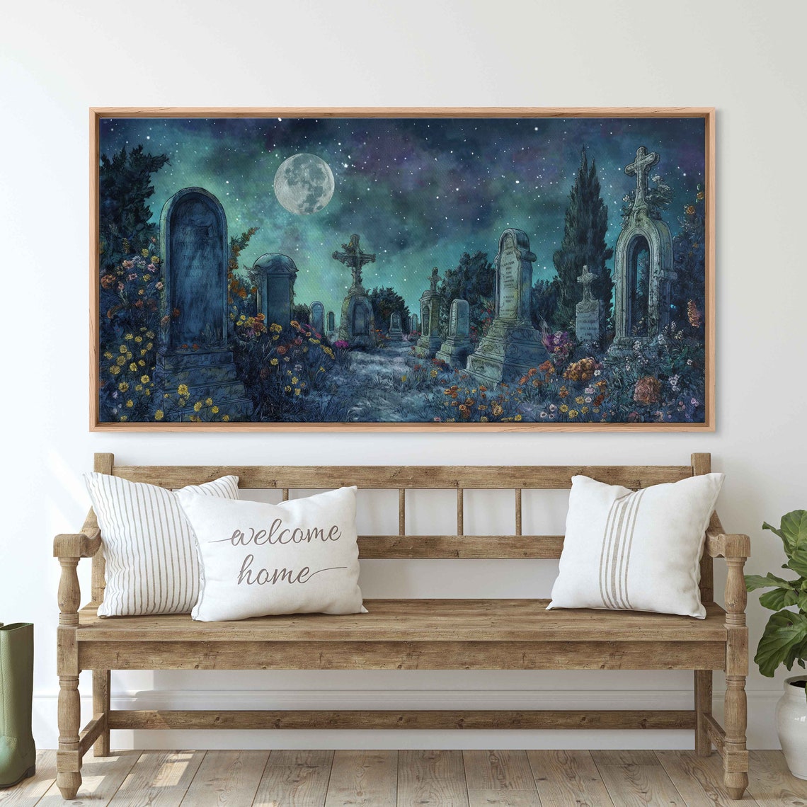 Moonlit Haunted Graveyard Watercolor Tombstones Stars Night Print - Image 3