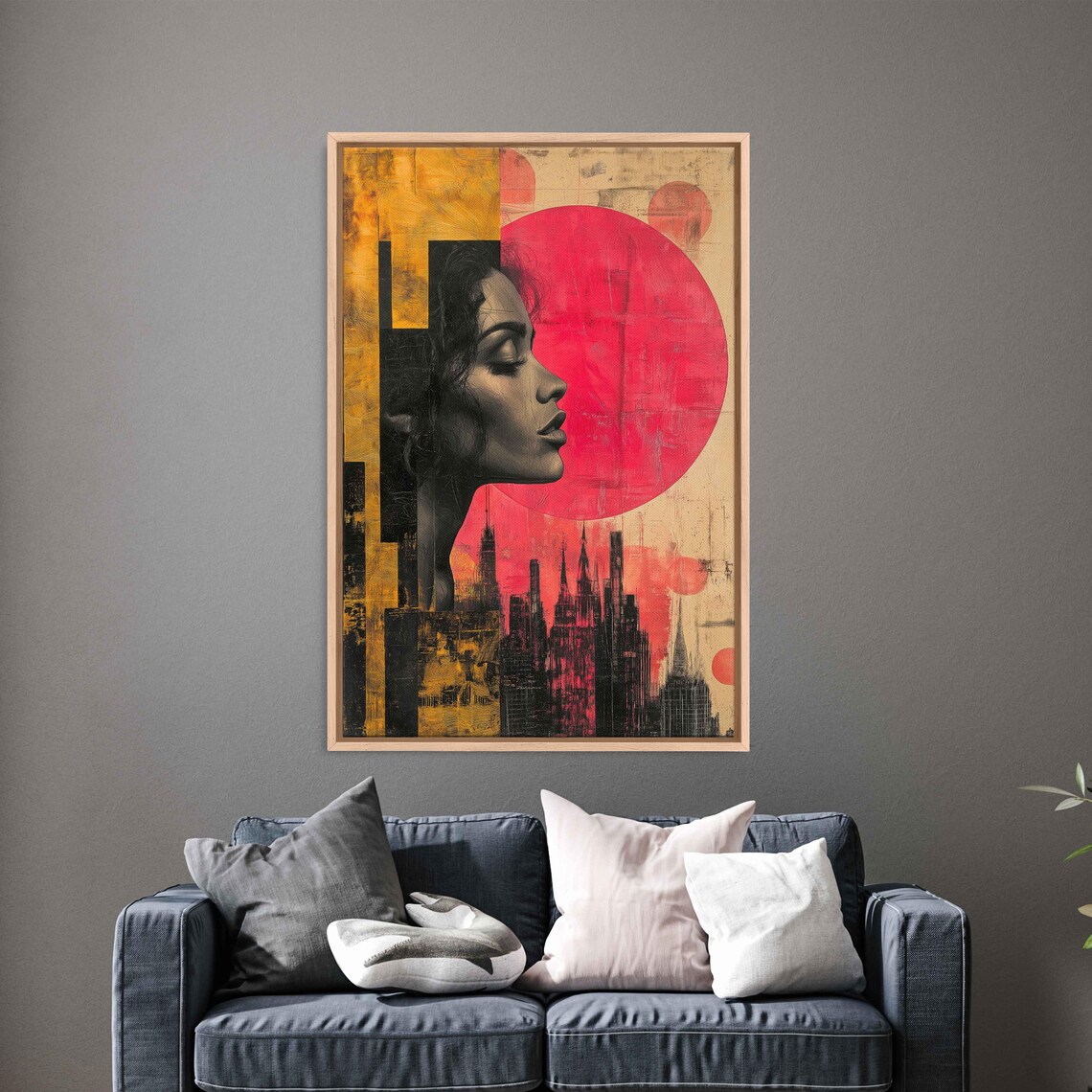 Surreal Woman Profile, Whimsical Cityscape Art Print
