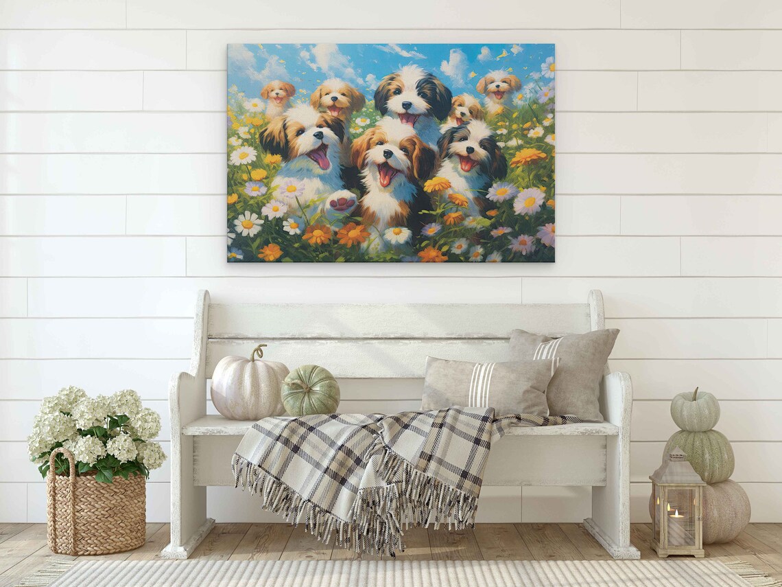 Pack Of Cute Happy Dogs In A Field Of Wildflowers Painting Framed Print Ready To Hang Happy And Uplifting Art - Image 2
