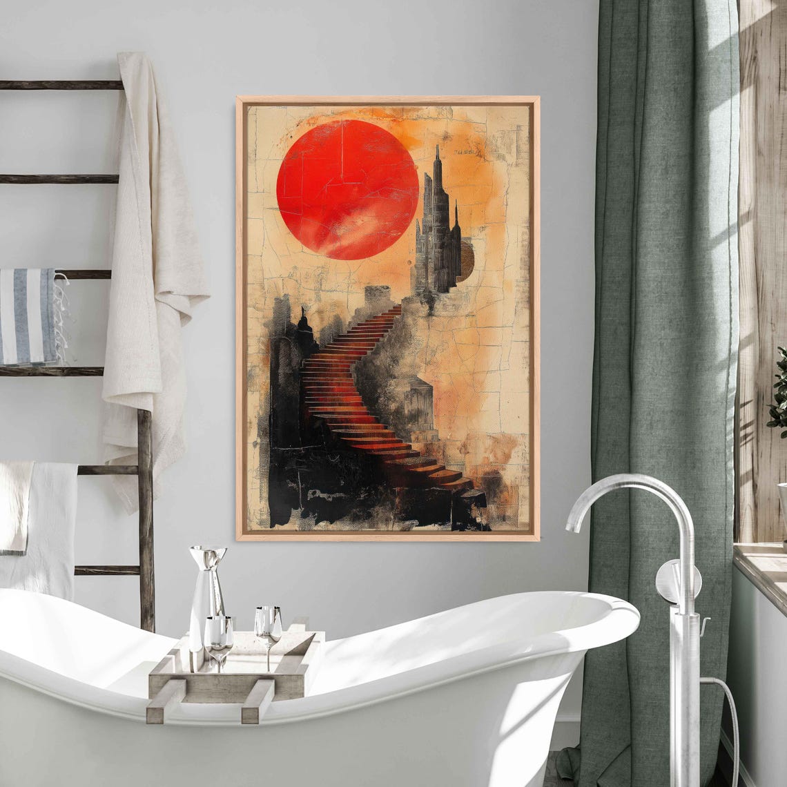 Spiral Staircase Castle Red Sun Surreal Dreamlike Fantasy Art Poster