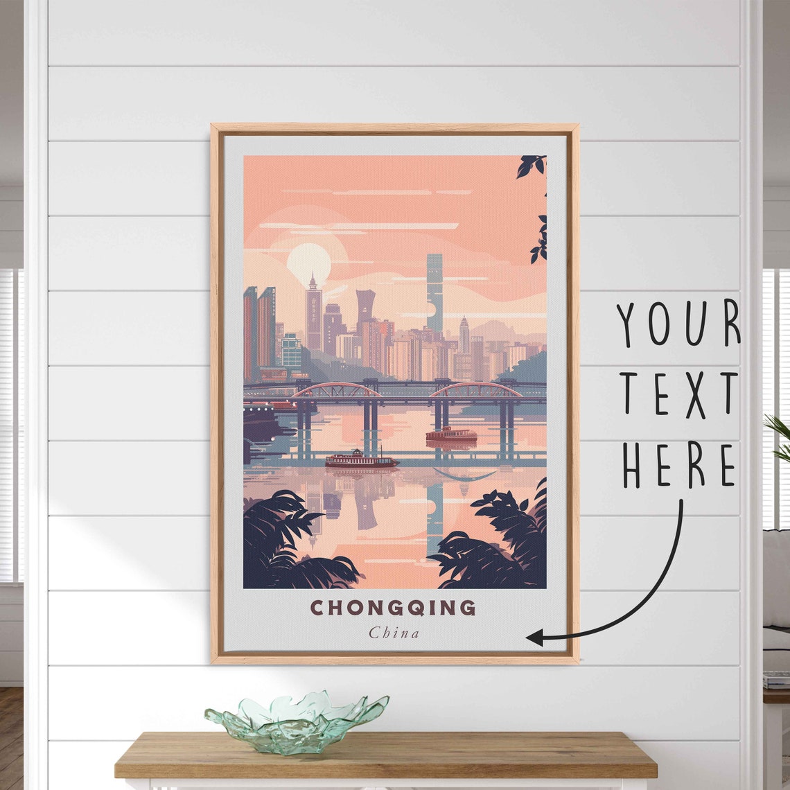 Chongqing China River Bridge Skyline Sunset Minimalist Travel Poster