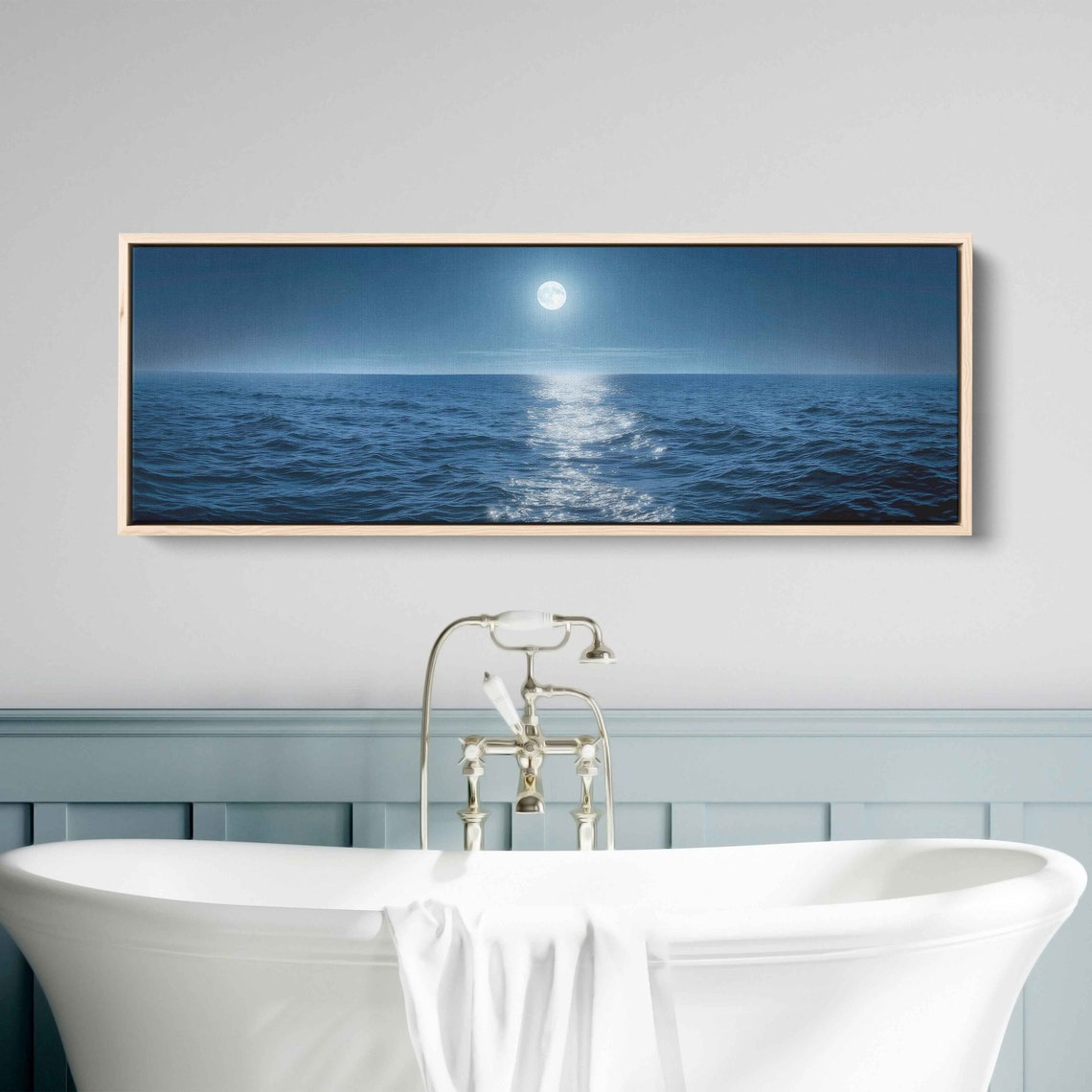 Bright Full Moon Over Blue Ocean Waves Moonlight Reflection Poster
