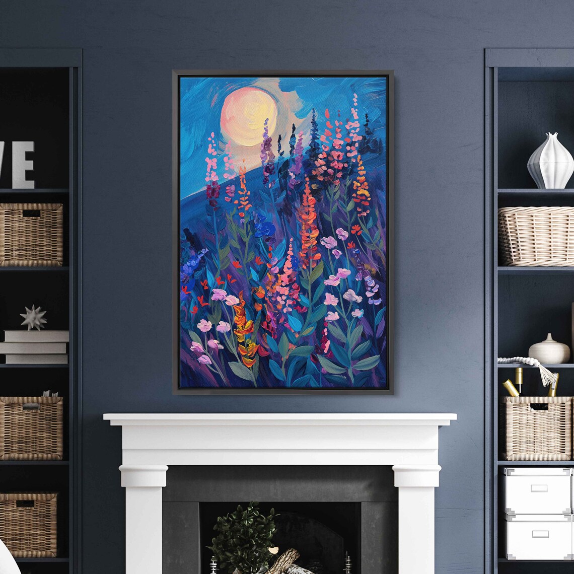 Wildflower Field Full Moon Starry Night Vibrant Floral Meadow Art Poster - Image 3