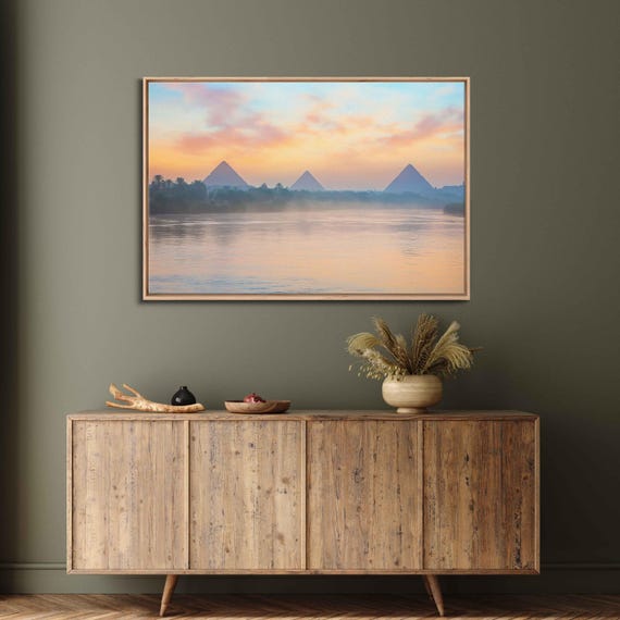 Nile River With Ancient Egyptian Pyramids In Background Wall Art Print Foggy River Gift For Traveler Ready To Hang