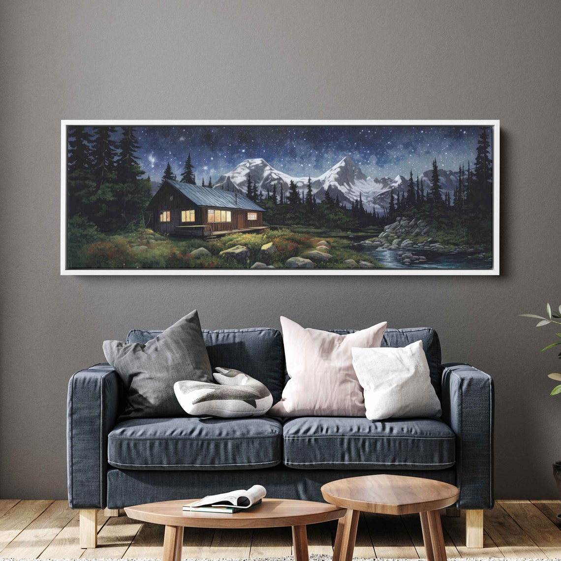 Forest Cabin by Stream Starry Night Snowy Mountain Peaks Poster - Image 2