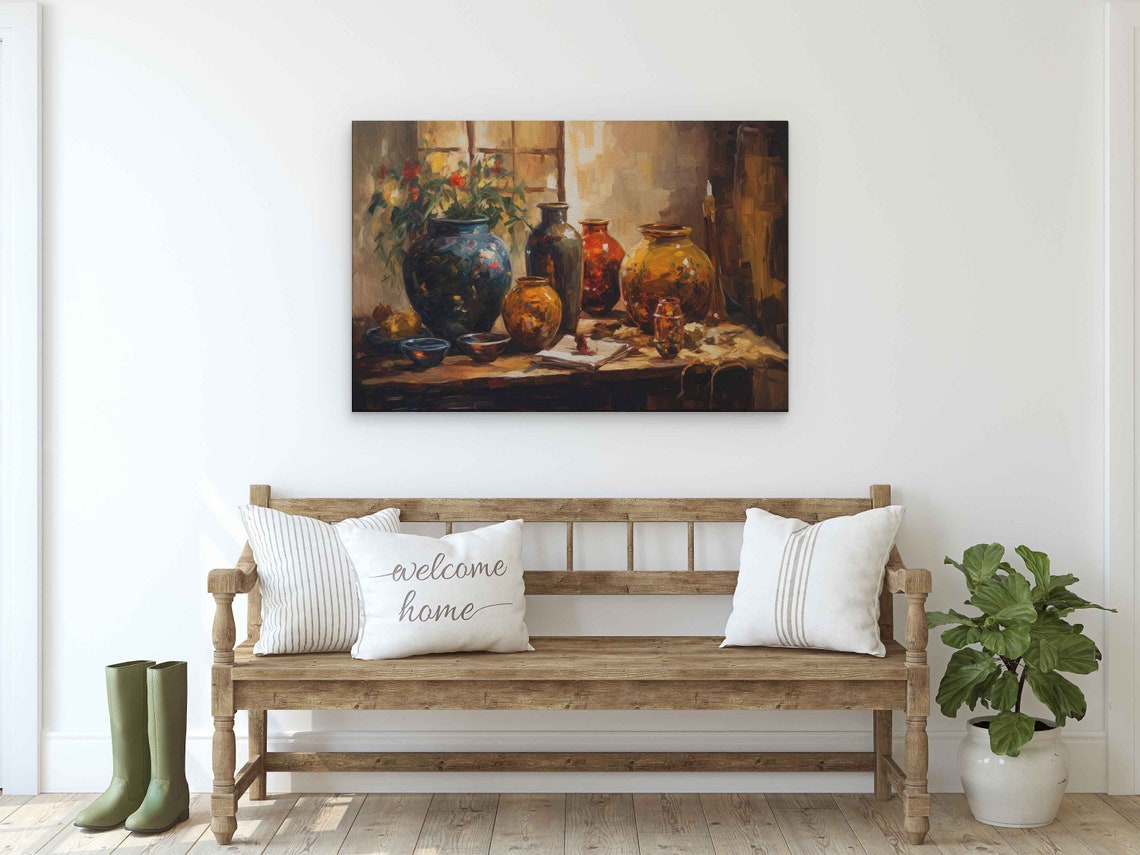 Rustic Ceramic Vases Still Life Oil Painting Kitchen Art Poster - Image 2