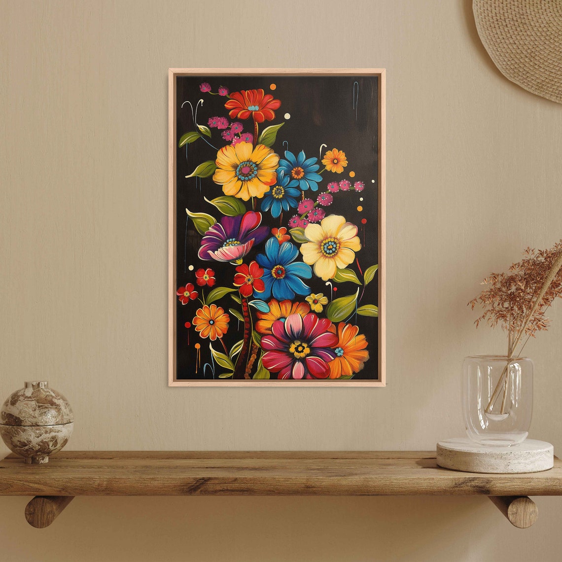 Folk Art Wildflowers Black Background Red Yellow Blue Blooms Poster