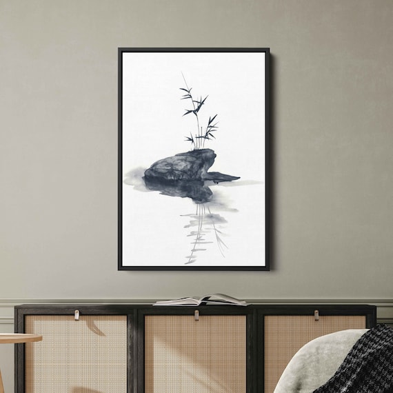 Japanese Bamboo On Rock Ink Painting Still Water Reflection Zen Print