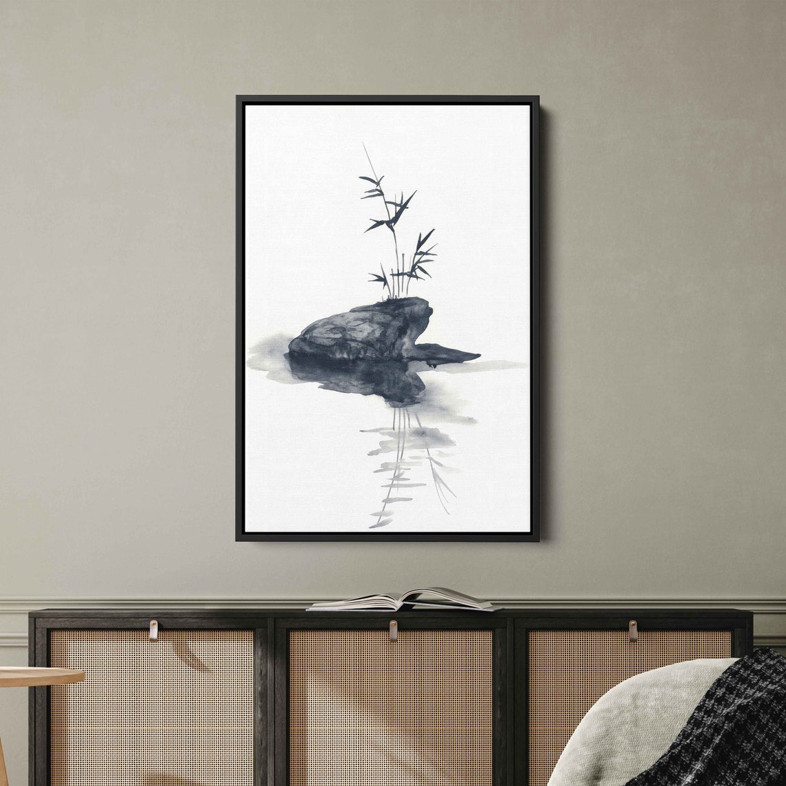 Japanese Bamboo On Rock Ink Painting Still Water Reflection Zen Print