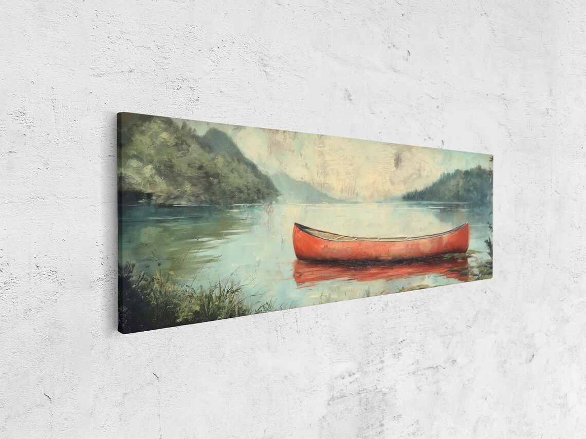 Vintage Wooden Canoe in Lake, Oil Wall Art Print - Image 4