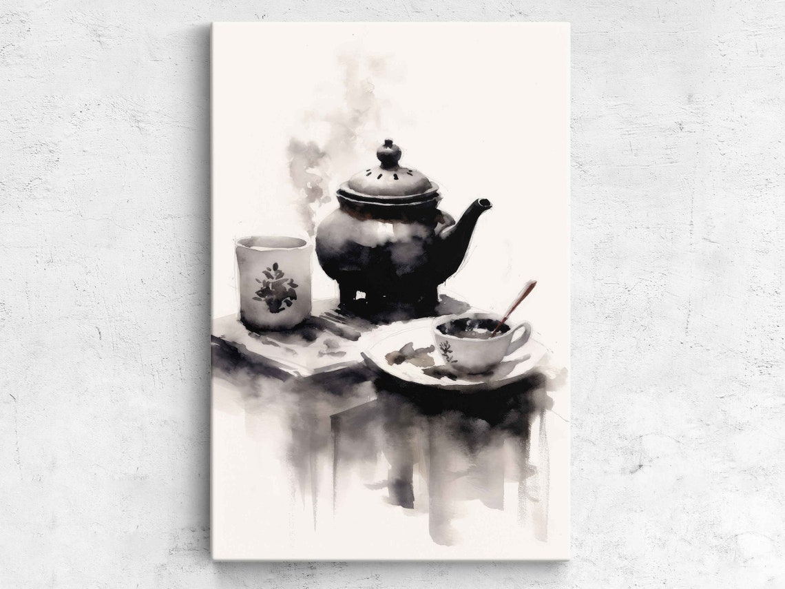 Monochrome Ink Teapot Tea Cups Still Life Zen Art Painting Poster