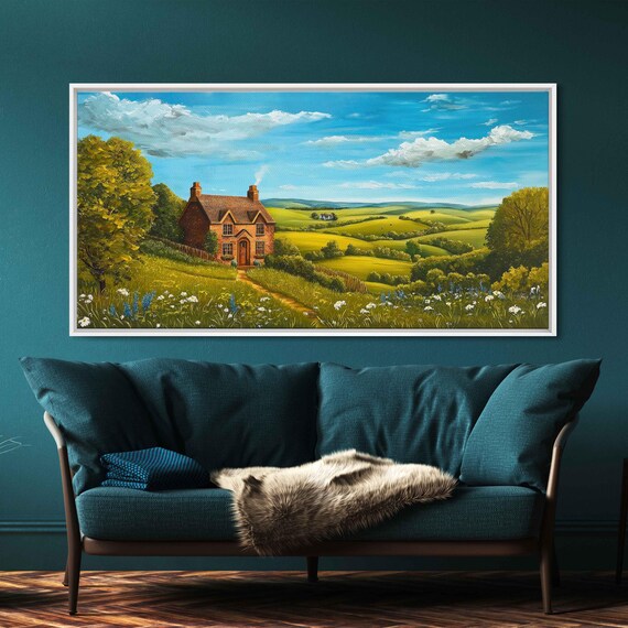 Tea House Amid Rolling Hills Wall Art Print Airy English Countryside Scene