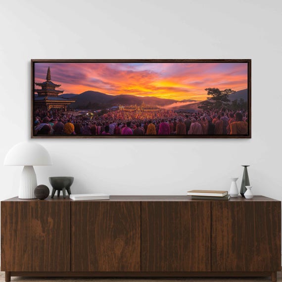 Vibrant Sunrise Over Buddhist Event Wall Art Print Joyful Participants Colorful Robes