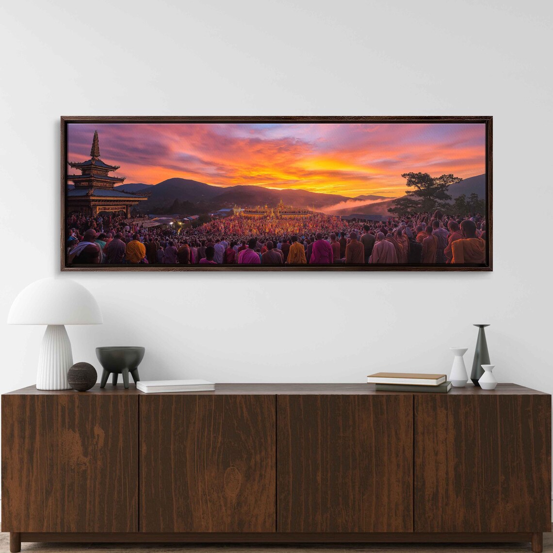 Buddhist Ceremony Crowd At Temple Vibrant Sunrise Mountain Panorama Poster