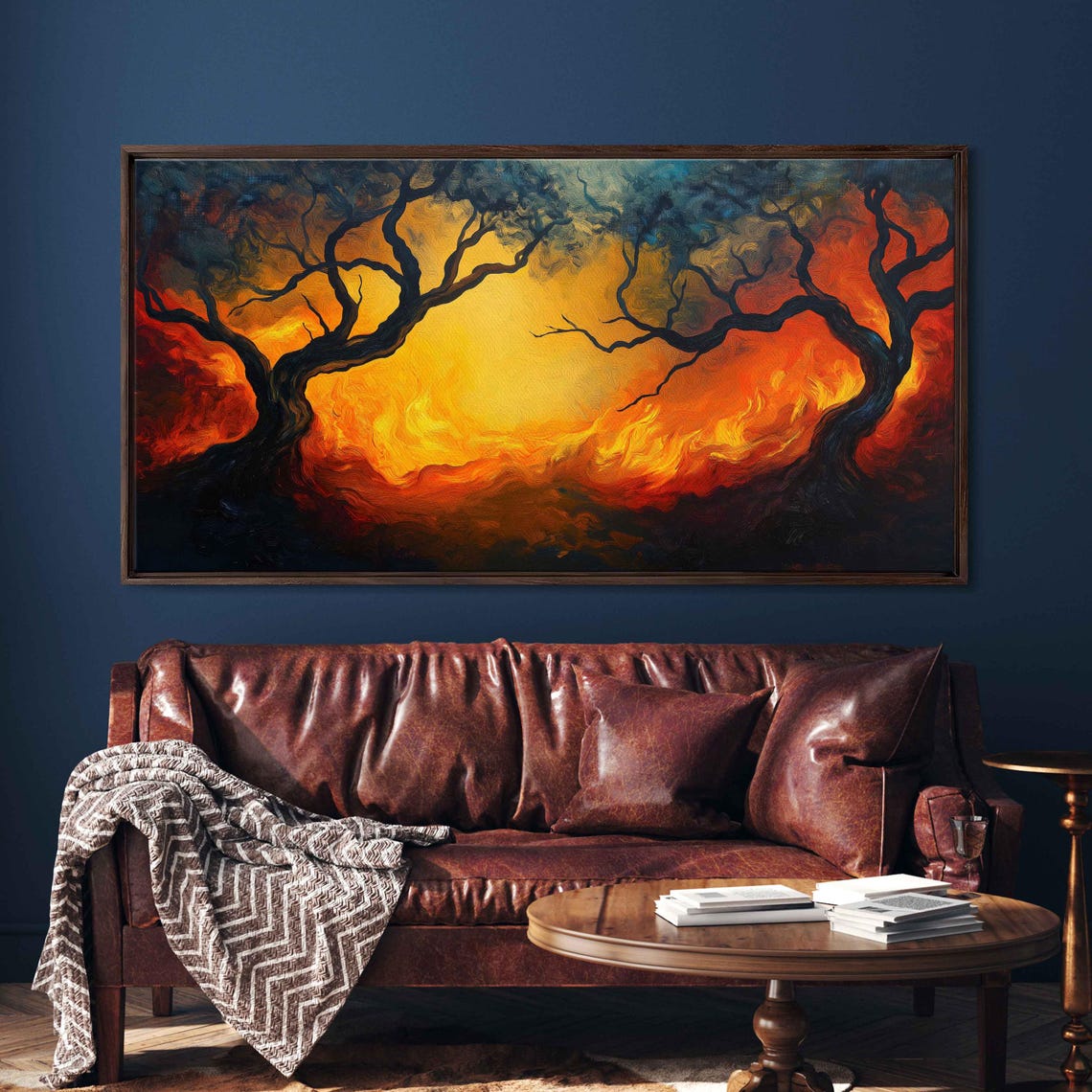 Surreal Forest Fire Twisted Trees Blazing Orange Sunset Art Poster