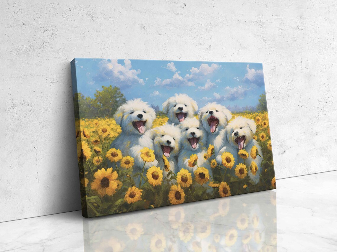 Cheerful White Puppies Among Sunflowers Joyful Dog Painting Poster - Image 4