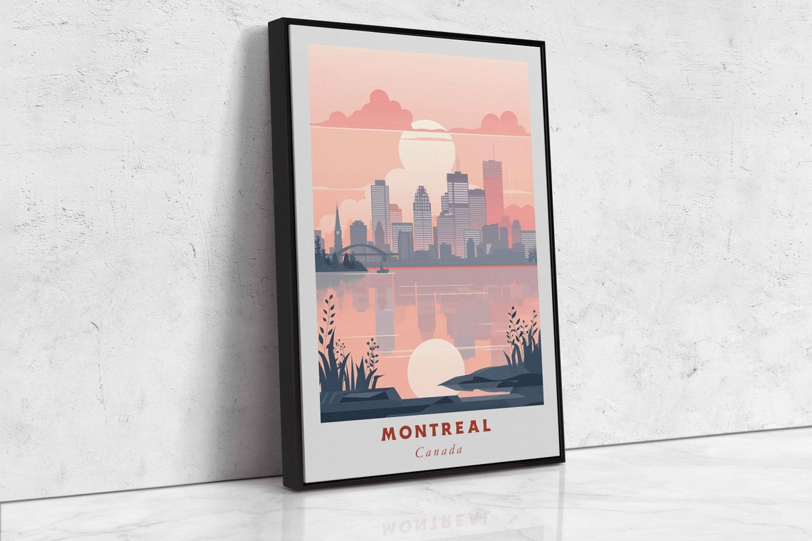 Montreal Canada Skyline River Reflection Pink Sunset Travel Poster - Image 2