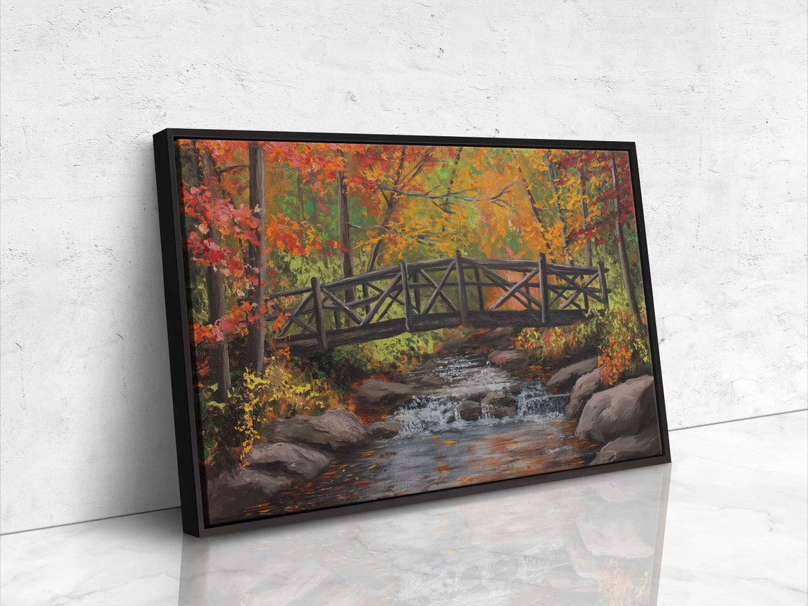 Rustic Wooden Footbridge Over Rocky Stream In Autumn Forest Art Poster - Image 4