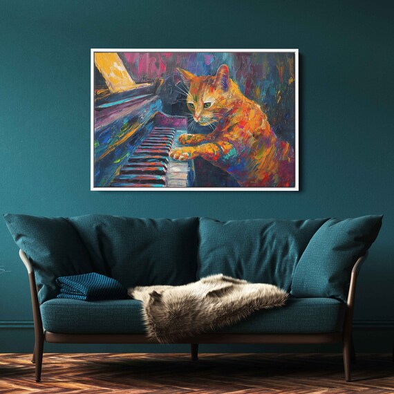 Colorful Tabby Cat Piano Player Abstract Music Room Fun Pet Art Poster