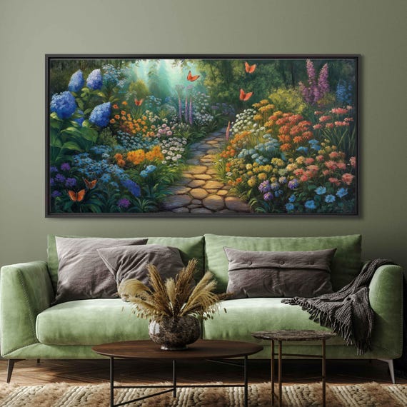 Elegant Garden In Full Bloom Wall Art Print Colorful Flowers And Butterflies
