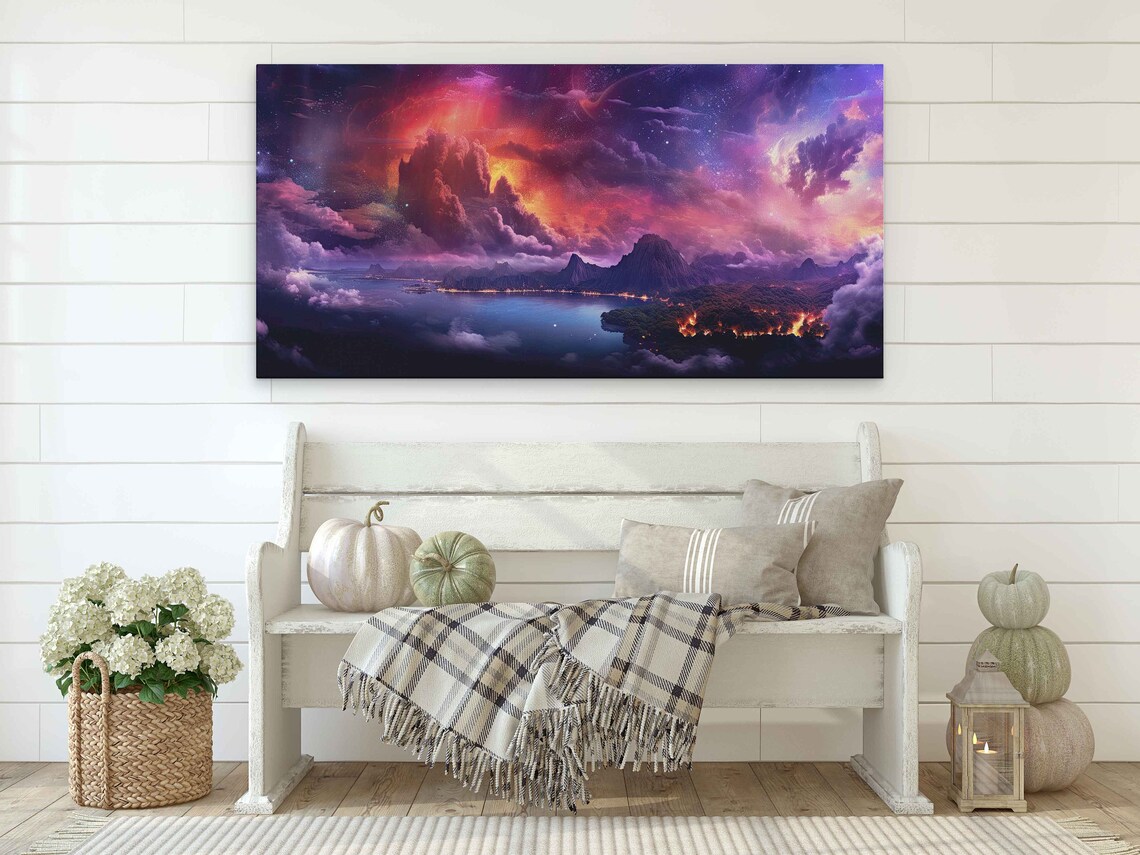 Photorealistic Landscape Print Colorful Night Sky Clouds Forest On Fire Framed Print Ready To Hang - Image 4