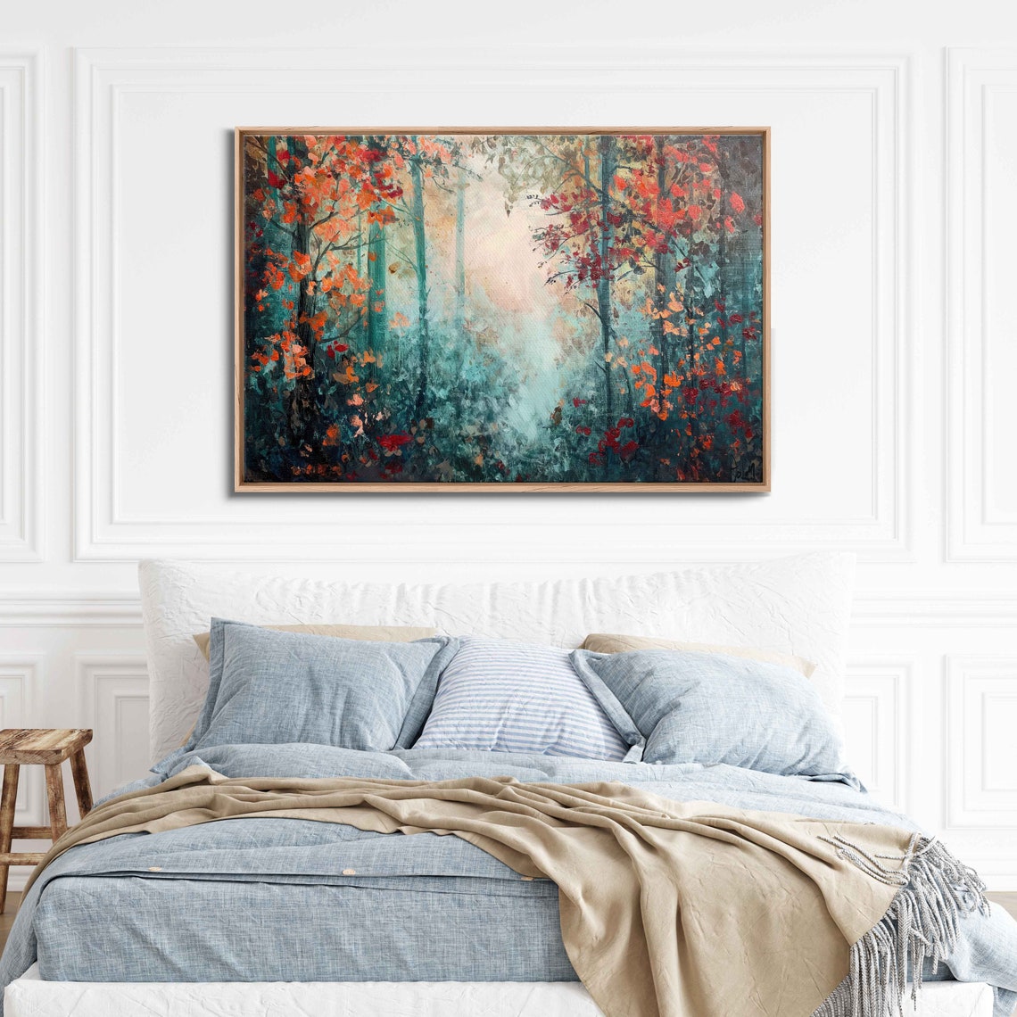 Abstract Autumn Forest Teal Trees Orange Foliage Modern Art Print