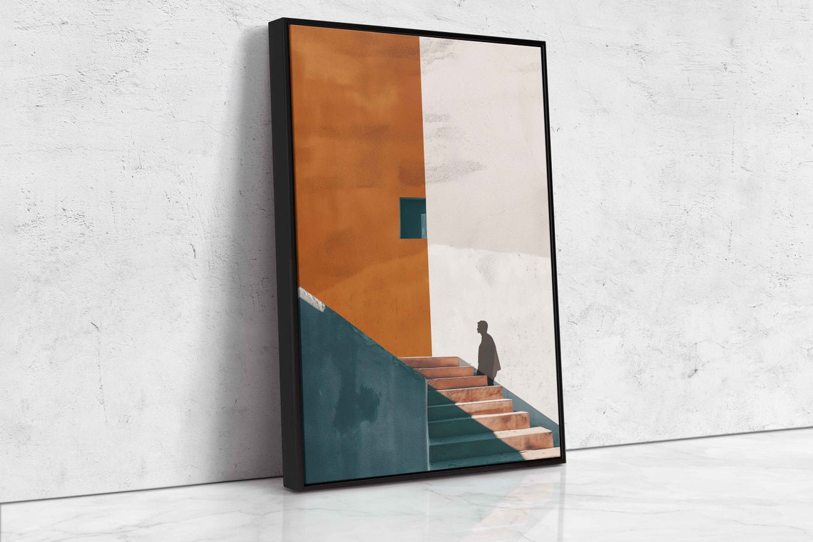 Man Climbing Stairs Orange Teal Minimalist Geometric Art Poster - Image 4