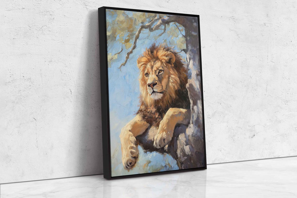 Lion Lounging On Tree Branch Pastel Blue Whimsical Wildlife Art Poster - Image 4