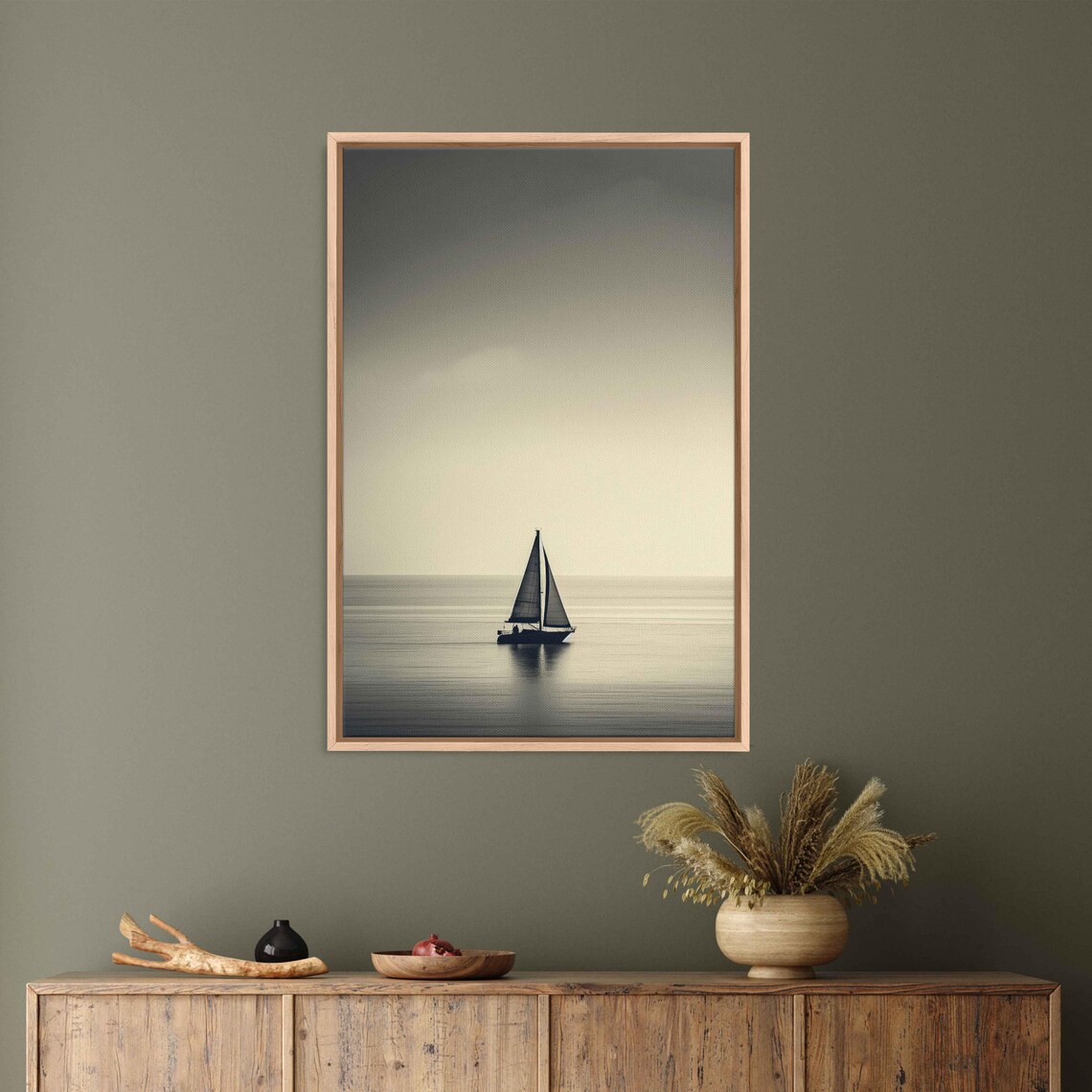Minimalist Sailboat Silhouette On Calm Ocean Monochrome Nautical Art Poster