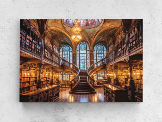 Grand Library Spiral Staircase Stained Glass Fantasy Book Lover Poster