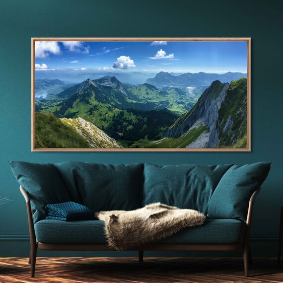 High Mountain Ridge Over Looking Lush Green Valley Wall Art Print Rustic Painting Mountainside Poster Ready To Hang