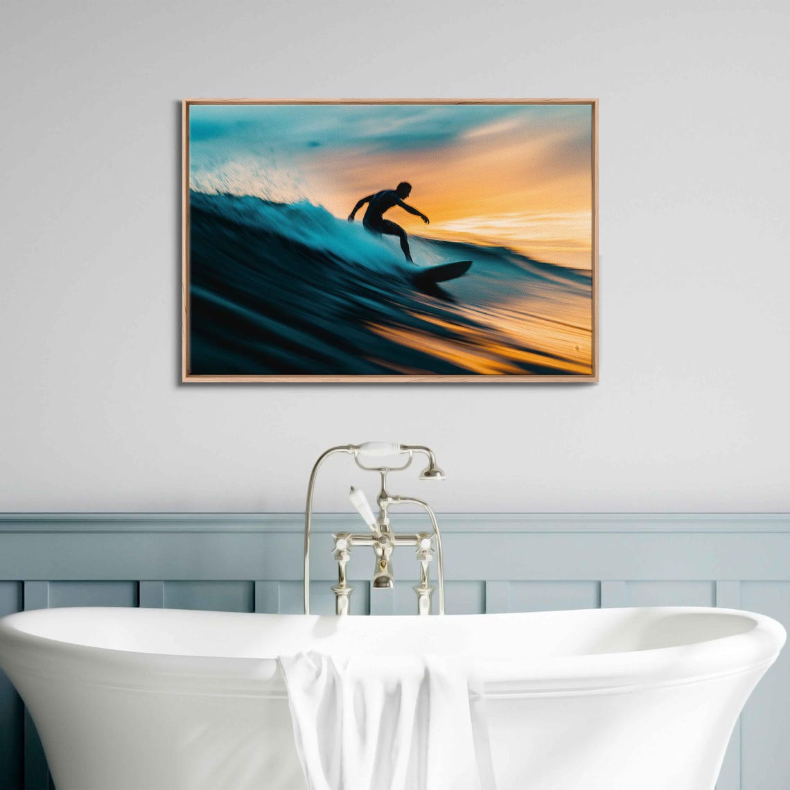 Surfer Catching Wave During Sunset Wall Art Print Gift For Surfer Blue Water Vibrant Colors Ready To Hang - Image 3