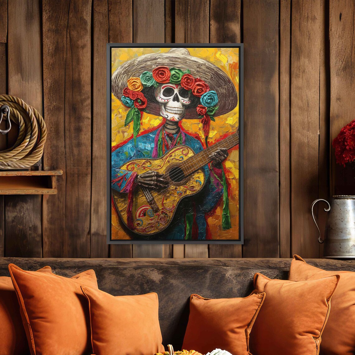 Colorful Day of the Dead Skeleton Mariachi Guitar Folk Art Canvas Poster - Image 3