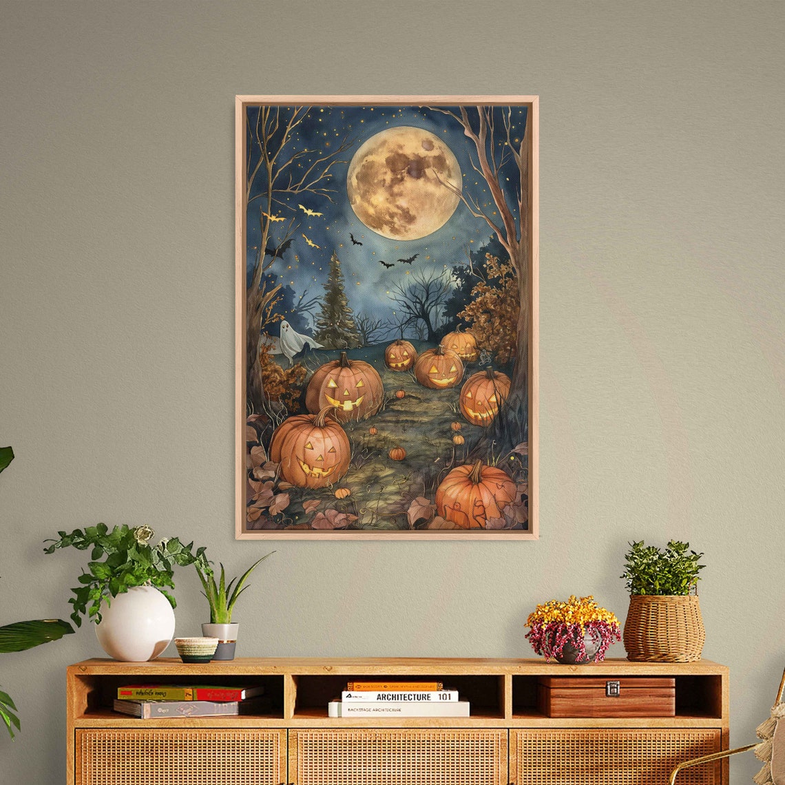 Moonlit Pumpkin Patch Glowing Jack O Lanterns Bats Autumn Print