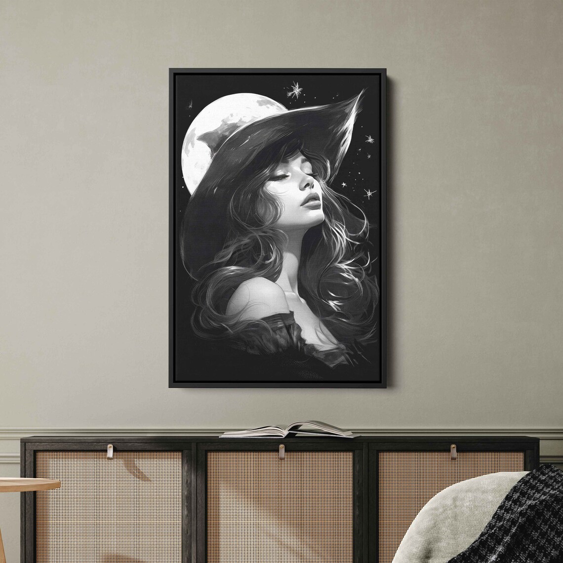 Celestial Witch Black White Portrait Full Moon Stars Halloween Art Print - Image 2