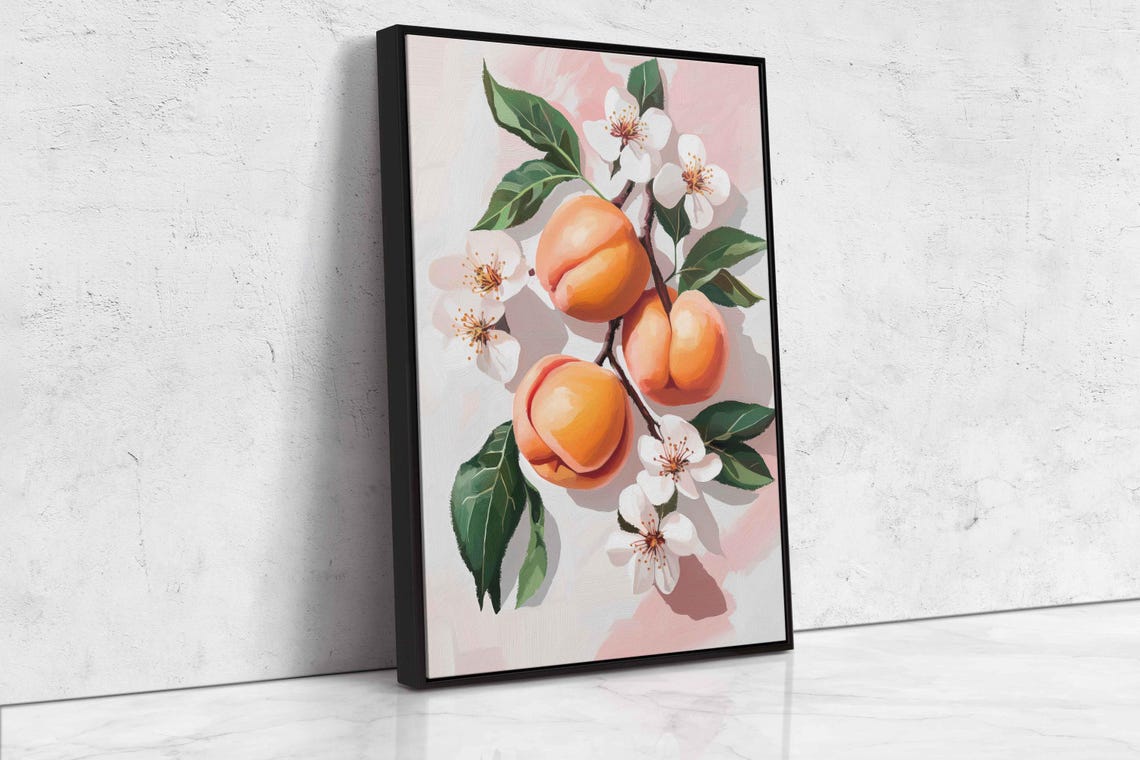 Juicy Peaches White Blossoms Soft Pink Watercolor Botanical Art Poster - Image 4
