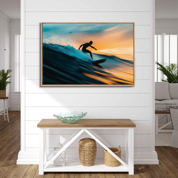 Surfer Catching Wave During Sunset Wall Art Print Gift For Surfer Blue Water Vibrant Colors Ready To Hang