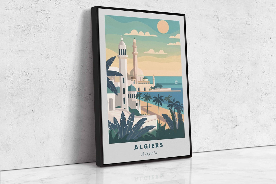 Algiers Algeria Coastal Mosque Beach Palm Trees Sunset Travel Poster - Image 2