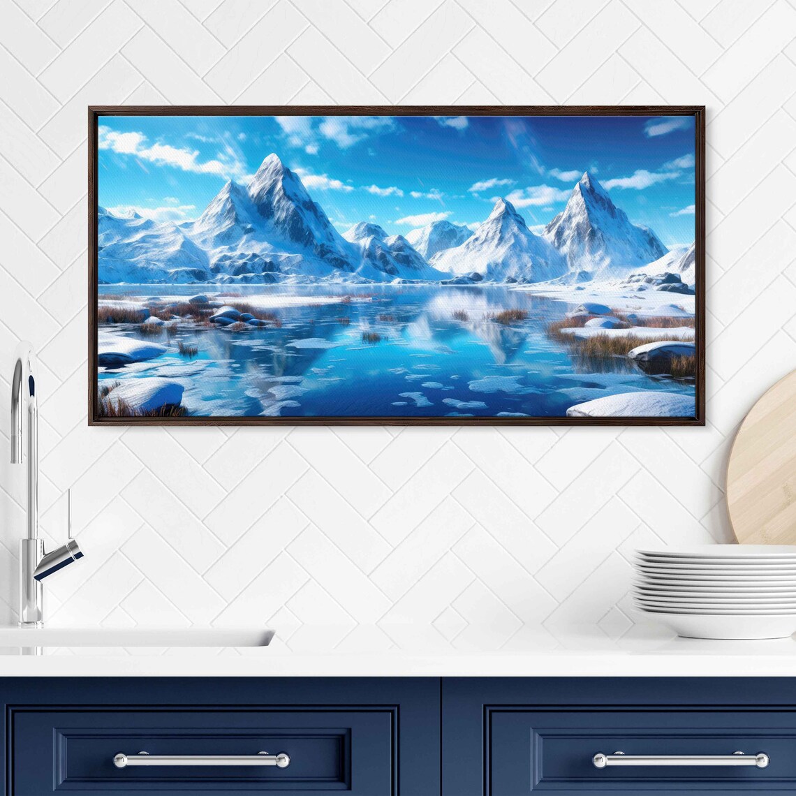 Stunning Snow Covered Mountains Oil Painting Reflective Lake Framed Print Ready To Hang - Image 2