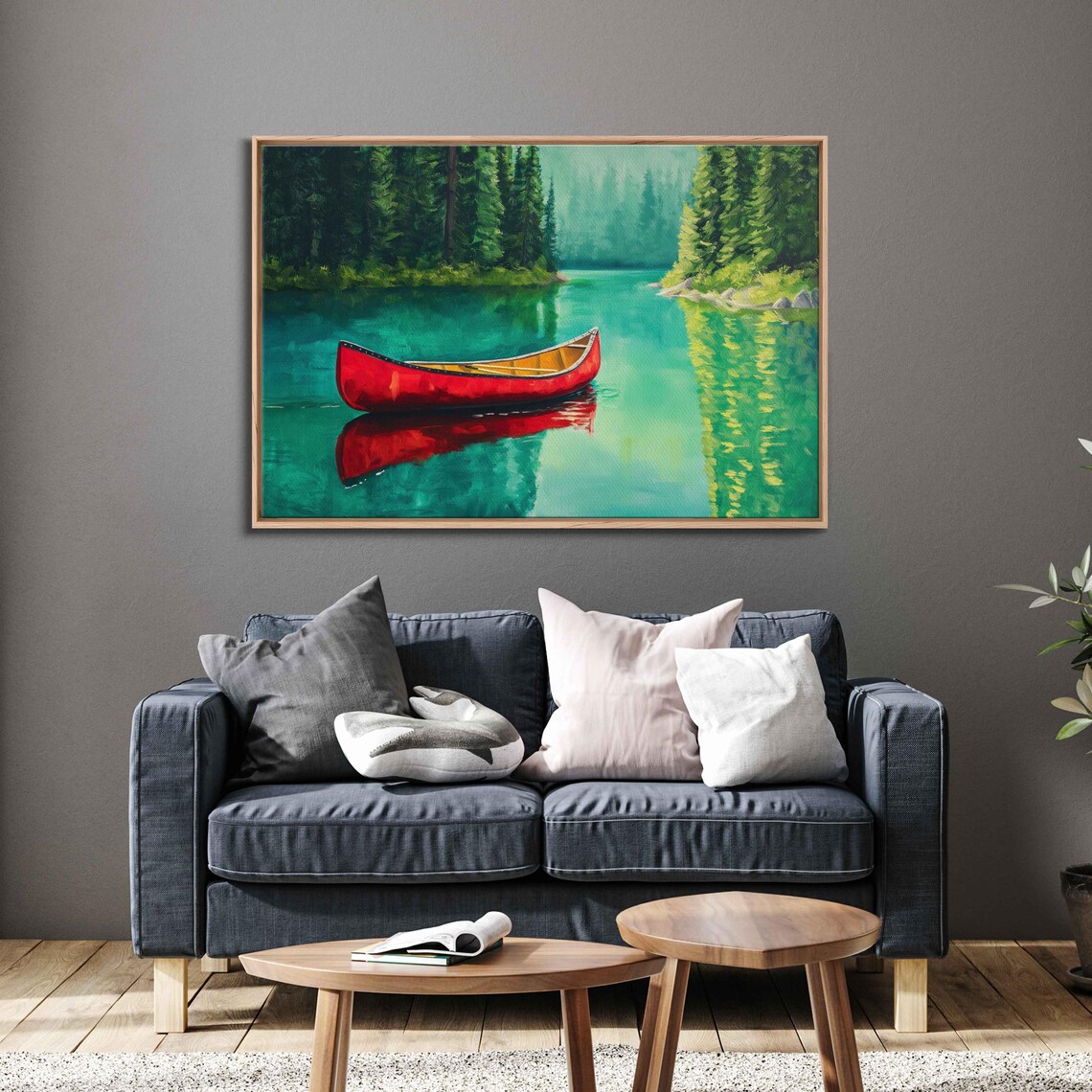 Red Canoe On Emerald Lake, Tranquil Nature Scene - Image 3